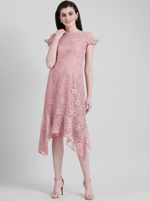 

Zink London Women Pink Self Design A-Line Dress