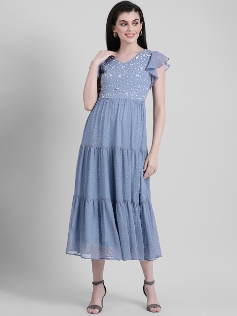 

Zink London Women Blue Self Design Fit and Flare Dress