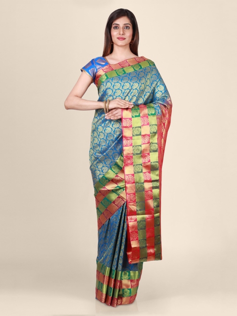

CLAI WORLD Blue & Gold-Toned Silk Blend Handloom Woven Design Saree