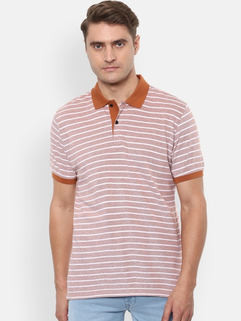

Van Heusen Men Peach-Coloured Striped Polo Collar Pure Cotton T-shirt