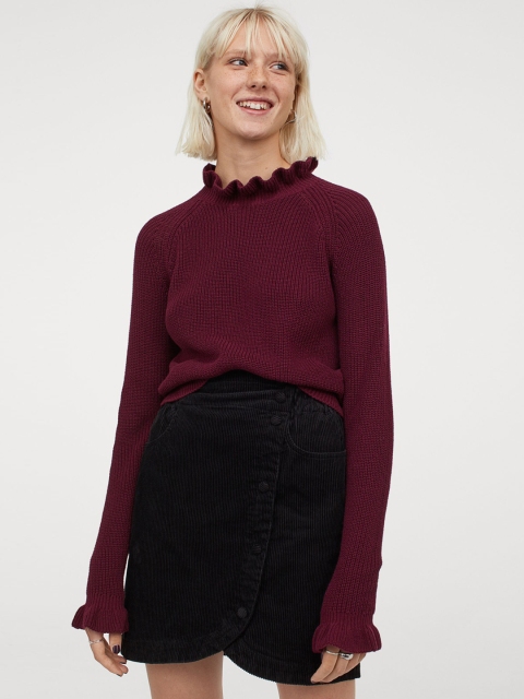 

H&M Women Maroon Solid Frill-trimmed Ribbed Jumper