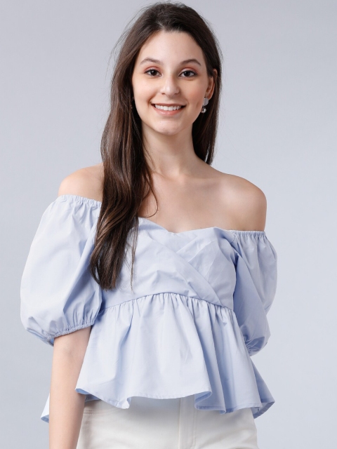 

Tokyo Talkies Women Blue Solid Bardot Pure Cotton Top