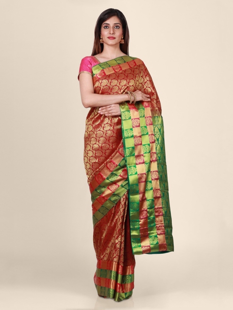 

CLAI WORLD Red & Green Silk Blend Woven Design Saree