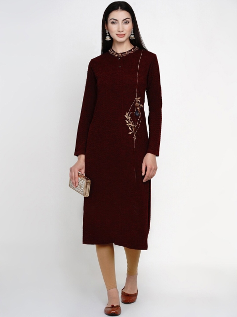 

FABNEST Women Maroon Embroidered A-Line Winter Kurta