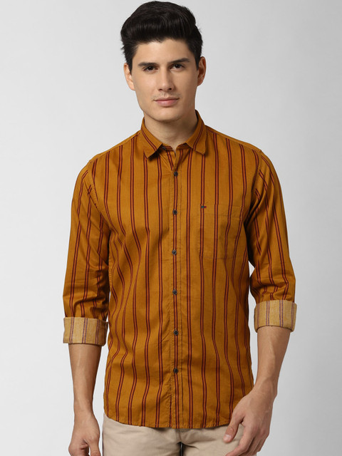 

Peter England Casuals Men Mustard Yellow Slim Fit Striped Casual Shirt
