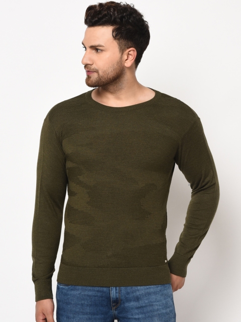 

98 Degree North Men Olive Green Self Design Pullover Sweater