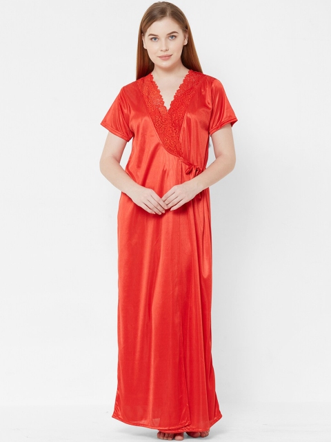 

FashionRack Red Solid Nightdress with Robe