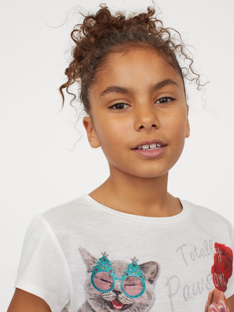 H&M Girls White Printed Jersey Top