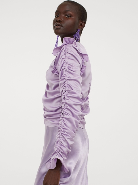 

H&M Women Purple Solid Draped Satin Blouse