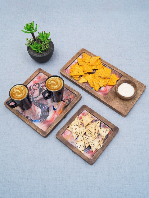 

Golden Peacock Set Of 3 Brown & Red Printed Wooden Serving Tray with One Bowl