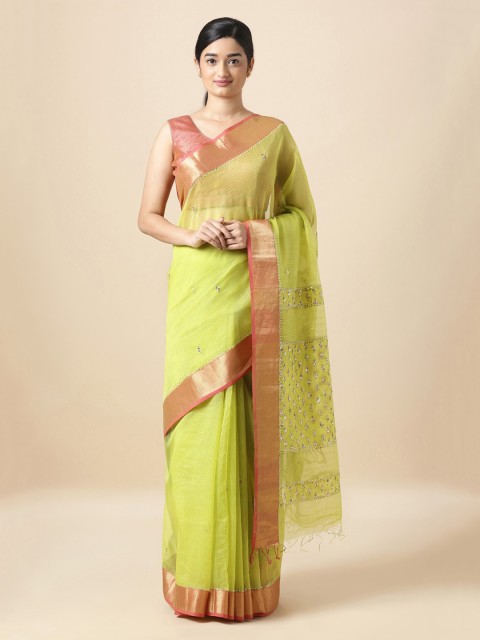 

Taneira Green Silk Cotton Embellished Block Print Sustainable Saree