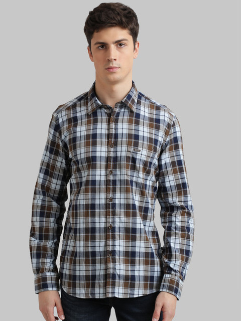 

Parx Men Brown & Navy Blue Regular Fit Checked Casual Shirt