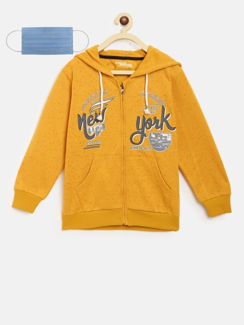 

Lil Tomatoes Boys Mustard Printed Hooded Sweatshirt