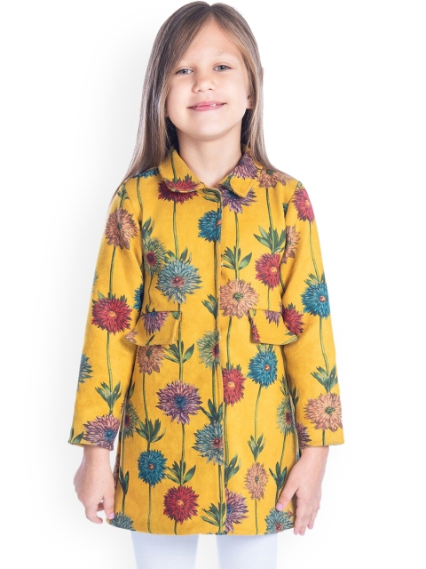 

Cherry Crumble Girls Mustard Yellow & Green Printed Suede Trench Coat