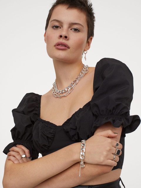 

H&M Women Black Solid Puff-Sleeved Cropped Top