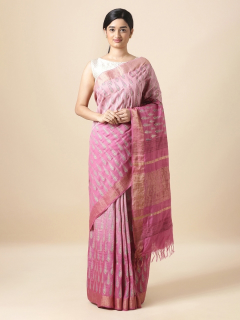 

Taneira Pink & Gold-Toned Silk Cotton Woven Design Block Print Saree