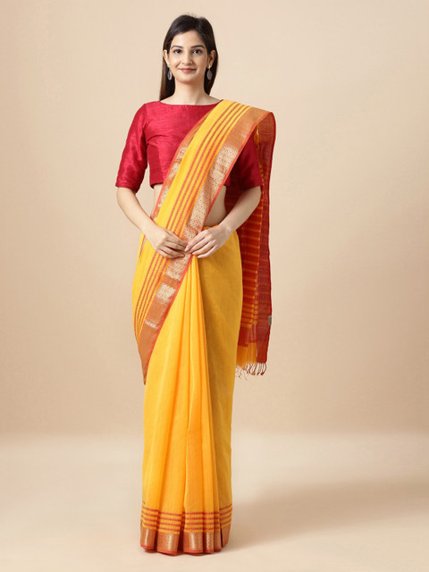 

Taneira Yellow Silk Cotton Solid Maheshwari Sustainable Saree