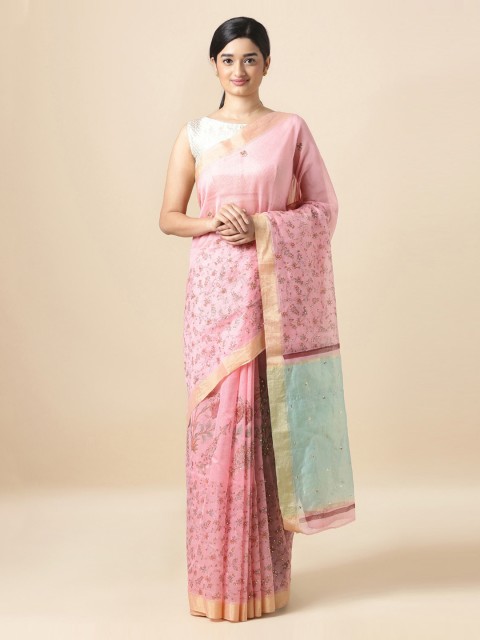 

Taneira Pink & Blue Silk Cotton Woven Design Block Print Saree
