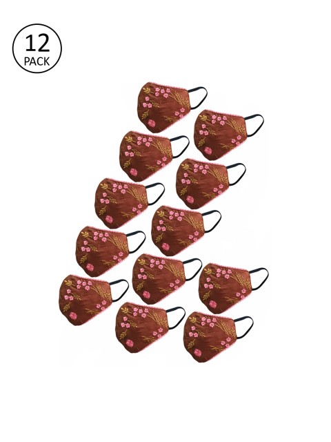 

nestroots Unisex Pack of 12 Brown & Pink Embroidered 2-Ply Reusable Outdoor Cloth Masks