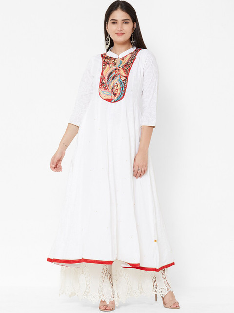 

Vedic Women White Embroidered Maxi Dress