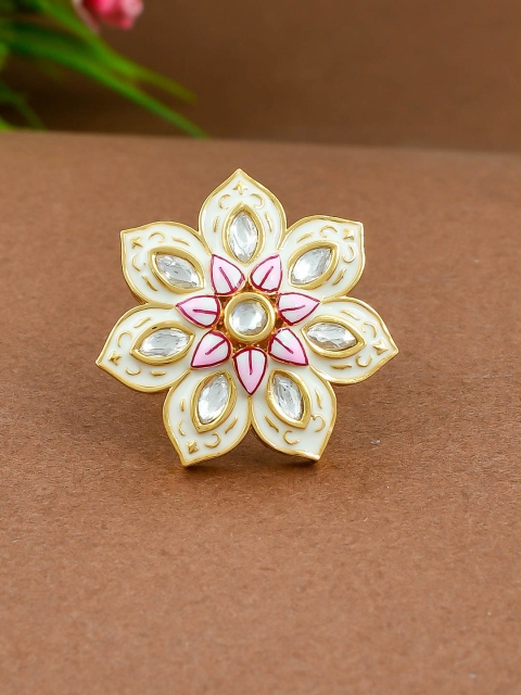 

Imittire Women Ivory White Pink Enameled Kundan Polki Cocktail Ring