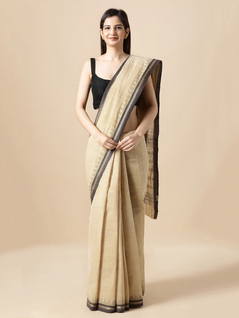 

Taneira Beige & Black Pure Cotton Solid Khadi Sustainable Saree