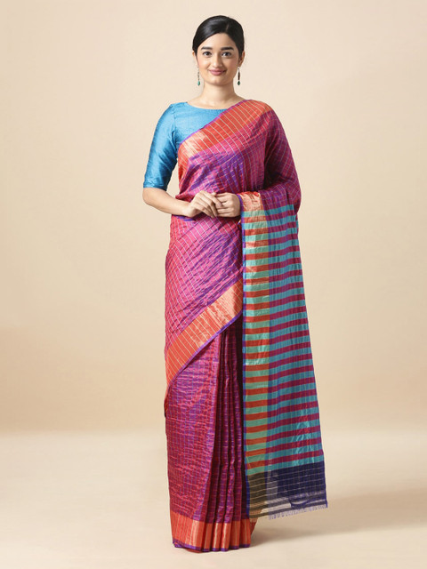 

Taneira Violet & Pink Pure Silk Checked Saree