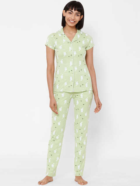 

Sweet Dreams Women Green & White Printed Night suit