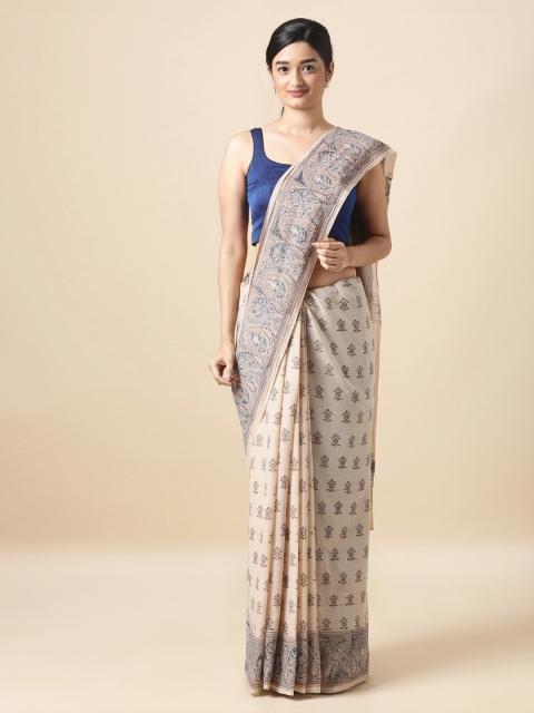 

Taneira Beige Pure Cotton Woven Design Block Print Saree