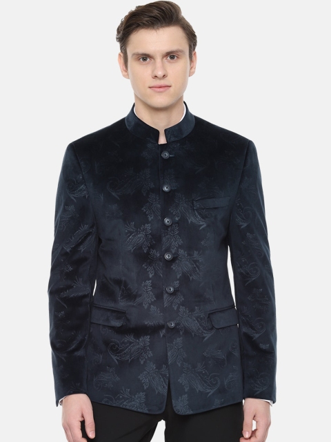 

V Dot Men Navy Blue Printed Slim-Fit Single-Breasted Bandhgala Blazer