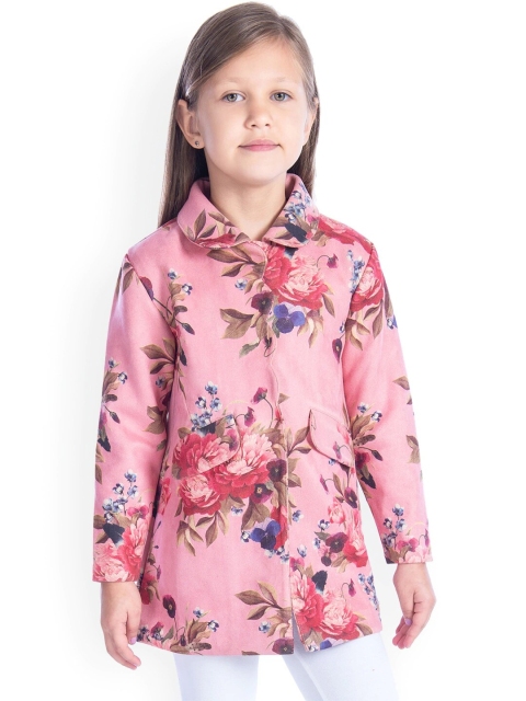 

Cherry Crumble Girls Pink & Olive Green Printed Suede Trench Coat