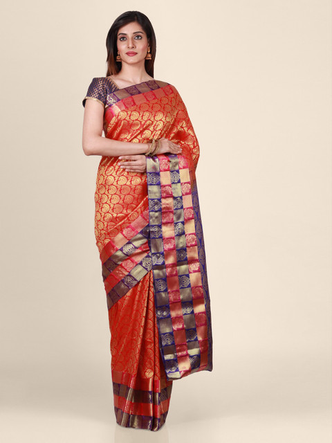 

CLAI WORLD Red & Blue Silk Blend Woven Design Saree