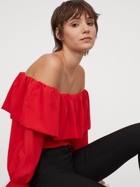 

H&M Women Red Solid Cropped Off-the-Shoulder Top
