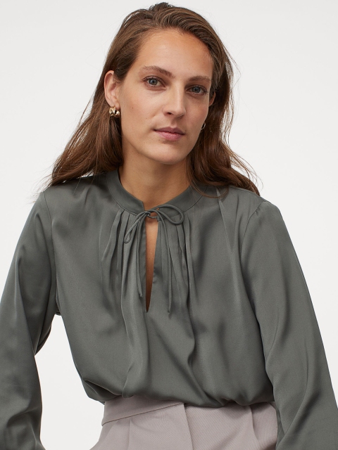 

H&M Women Green Solid Tie-Detail Blouse