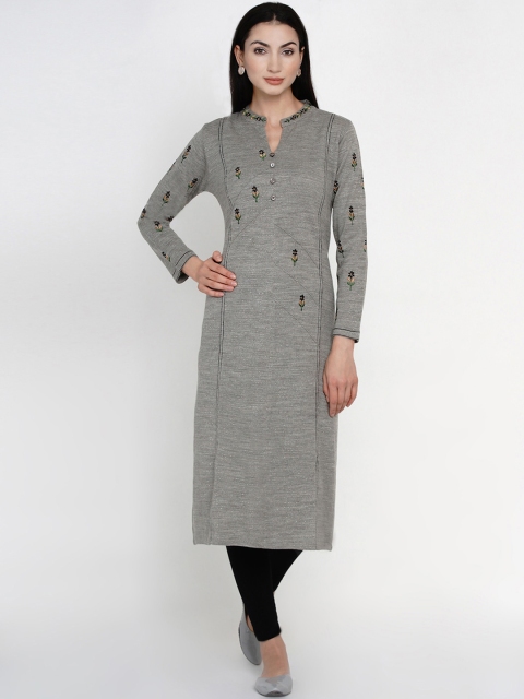

FABNEST Women Grey Embroidered Straight Winter Kurta