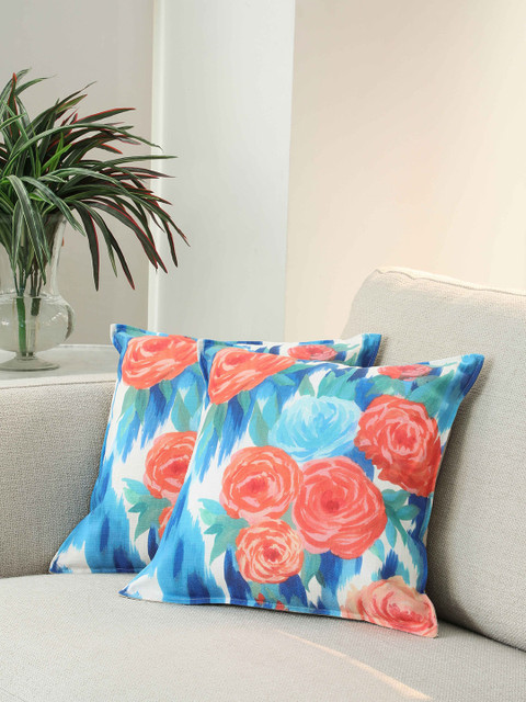 

BLUE BOAT Blue & Red Set of 2 Floral Square Cushion Covers