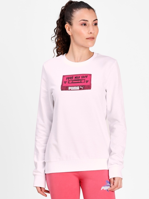 

Puma Women White & Pink Mix Tape Graphic Crew Pullover Sweater