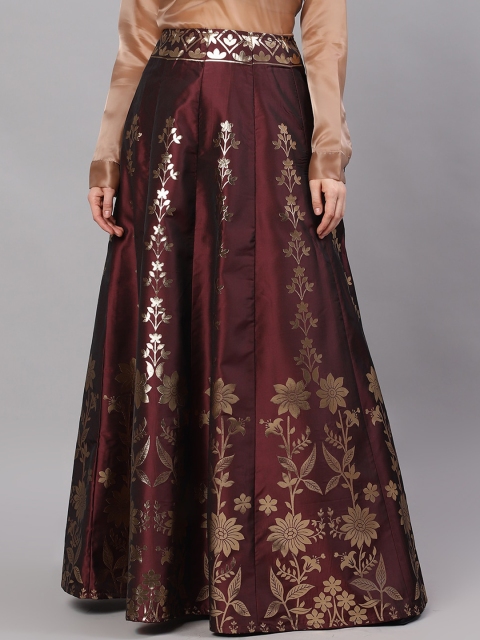 

AKS Couture Women Maroon & Gold-Coloured Jacquard Zari Work Flared Skirt