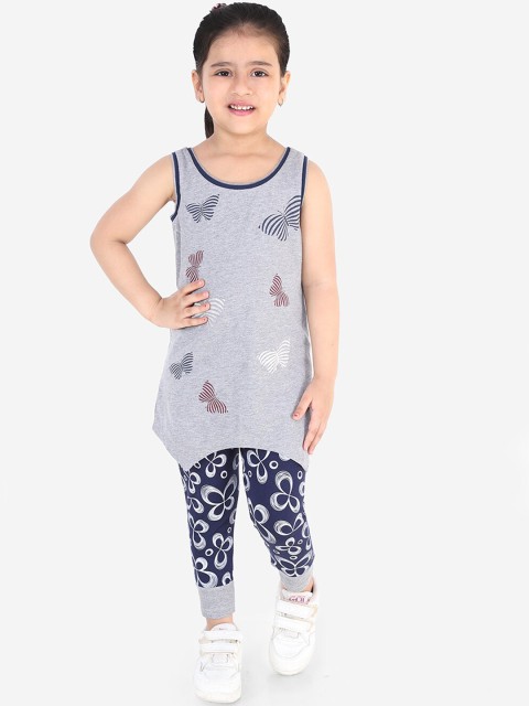 

naughty ninos Girls Grey & Navy Blue Printed T-shirt with Leggings