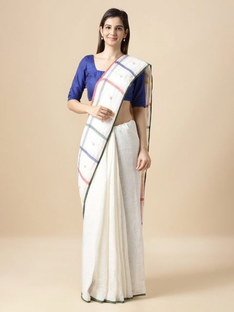 

Taneira White & Red Pure Linen Solid Sustainable Saree