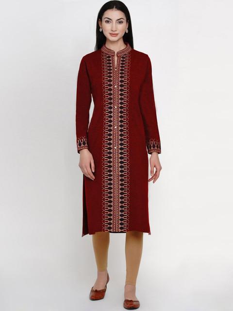 

FABNEST Women Maroon Printed Straight Winter Kurta