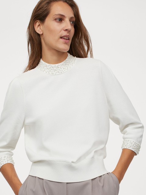 

H&M Women White Solid Beaded Jumper