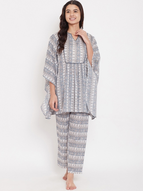 

The Kaftan Company Women Grey & Blue Printed Night suit
