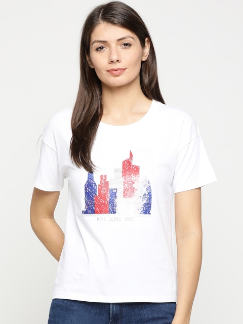 

Pepe Jeans Women White & Blue Printed Round Neck T-shirt