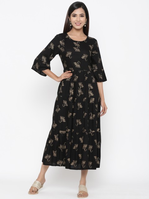 

Maaesa Women Black Printed Fit and Flare Dress