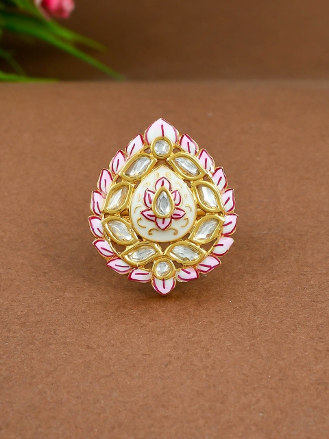 

Imittire Gold-Plated White & Pink Kundan-Studded Enamelled Adjustable Finger Ring