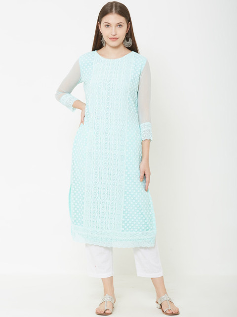 

FASHOR Women Blue Woven Design Straight Kurta