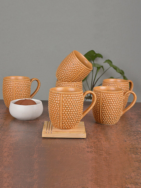 

StyleMyWay Brown Set Of 6 Textured Ceramic Mugs Set 250 ml