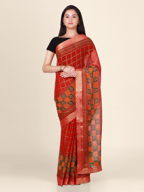 

CLAI WORLD Red & Gold-Toned Poly Georgette Woven Design Saree