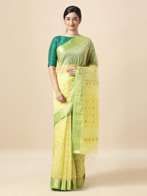 

Taneira Yellow Silk Cotton Woven Design Block Print Sustainable Saree